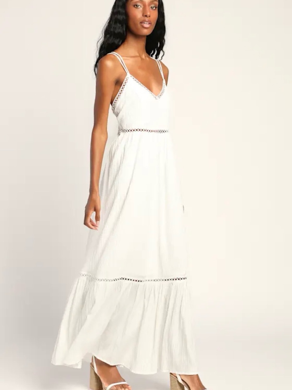Lulus Relaxed Vibes White Crinkle Lace Trim Boho Backless Maxi Sundress